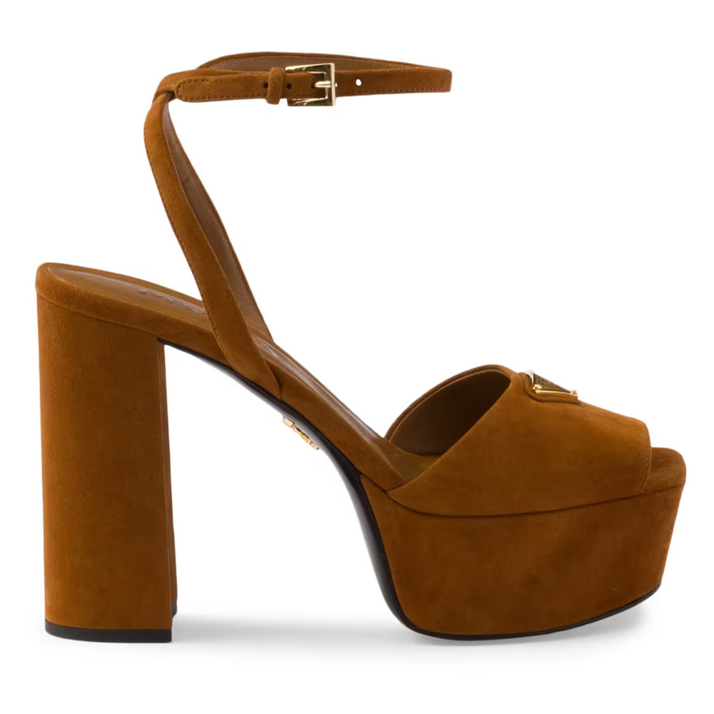 Prada 115mm Cognac Brown Suede Platform Sandal Ankle Strap Block Heel Pump 38.5 - Picture 5 of 16